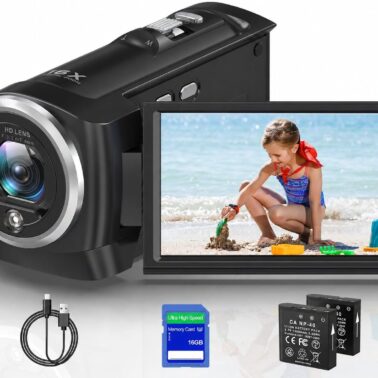 2.7K Video Camera Camcorder QHD 56MP YouTube Vlogging Camera | 16X Digital Zoom Camcorders Webcam with 16G SD Card 270 Degree Rotation Screen and 2 Batteries Recording While Charging